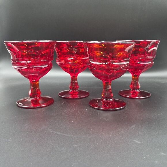 Fostoria Argus Ruby Red Stemmed Wine Sherbet Glasses 5" Vintage 8oz set of 4 - Picture 1 of 9
